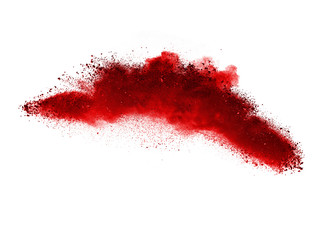 Red powder explosion on white background. Colored cloud. Colorful dust explode. Paint Holi.