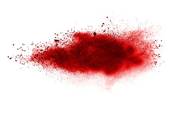 Red powder explosion on white background. Colored cloud. Colorful dust explode. Paint Holi.