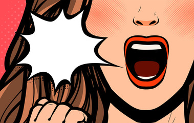 Beautiful girl or young woman screaming. Pop art retro comic style. Cartoon vector illustration © ~ Bitter ~