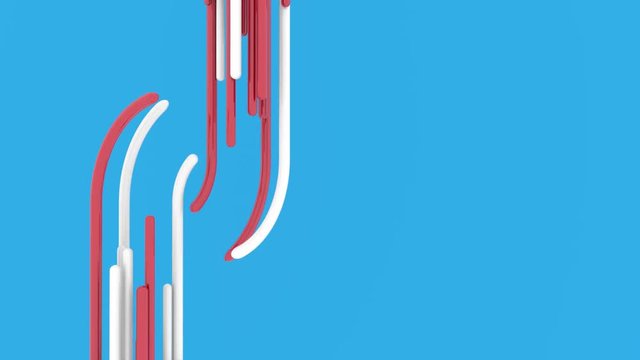 3d rendering of floating red and wite line shapes against blue background. CG loop animation. Modern background, seamless motion design for poster, branding, banner, header with copy space.
