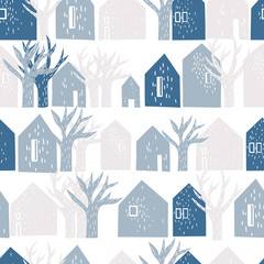 Hand drawn houses and trees. Vector sketch  illustration.