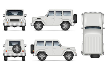 SUV car vector mockup for vehicle branding, advertising, corporate identity. Isolated template of realistic offroad truck on white background. All elements in the groups on separate layers © Yuri Schmidt