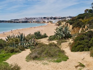 Paradise beach with view on Albufeira city in Portugal