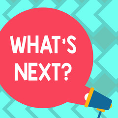 Text sign showing What S Nextquestion. Business photo text Following steps Guidance to continue moving or working Blank Round Color Speech Bubble Coming Out of Megaphone for Announcement