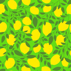 Lemon tree seamless pattern. Citrus background with lemons, leaves and branches. Tropical and summer print, texture, typography design. Vector illustration.