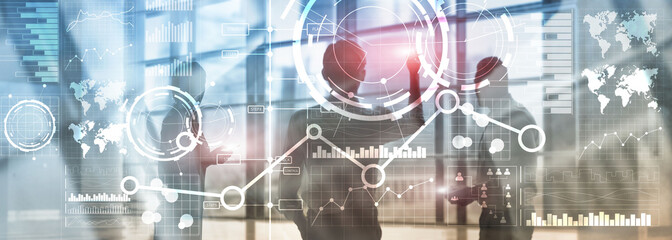 Business interface mixed media double exposure financial chart graph diagram and icon on virtual screen. Innovation concept.