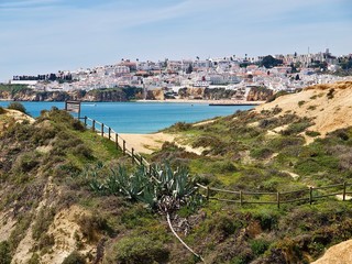 Paradise beach in Albufeira city in Portugal with wonderful nature, dunes and beach