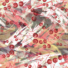 Seamless watercolor pattern with the image of a cluster of berries of a mountain ash, cherry, viburnum, leaves. In the decorative style. red, pink, violet white color. Abstract splash of paint