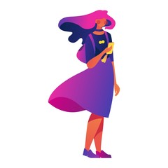 Vector concept illustration with lovely young woman character drawn in vivid bright gradients with a smartphone in hands.
