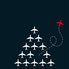 Think differently. A red plane changing direction from the white planes. Different, courage, unique, leadership, change, creative, new path, be yourself business concept. Vector illustration.