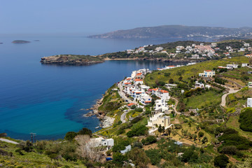 Naklejka na ściany i meble Greek Islands. View of the Batsi town from high (Andros Island, Cyclades, Greece).