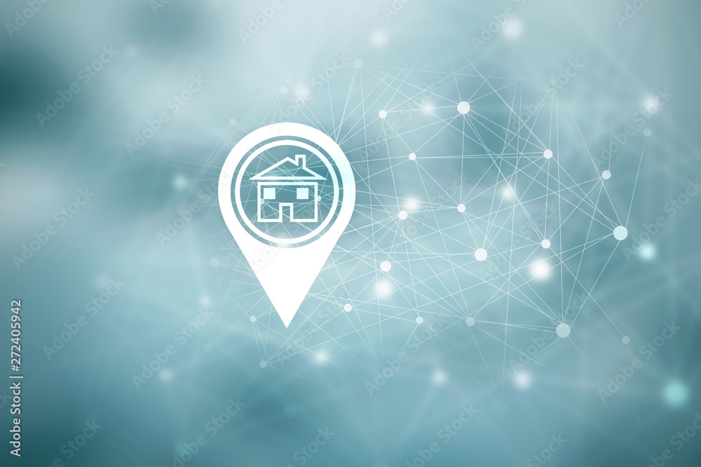 Poster 2d illustration search for property.a map with large red gps pointer containing