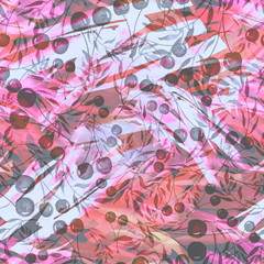 Fototapeta na wymiar Seamless watercolor pattern with the image of a cluster of berries of a mountain ash, cherry, viburnum, leaves. In the decorative style. red, pink, violet white color. Abstract splash of paint