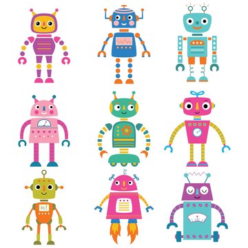 Isolated cute cartoon robots set