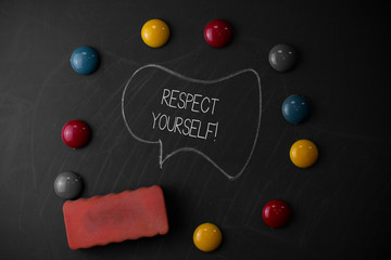 Handwriting text writing Respect Yourself. Conceptual photo believing that you good and worthy being treated well Round Flat shape stones with one eraser stick to old chalk black board