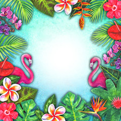 Fototapeta na wymiar Abstract summer watercolor tropical paradise. Hand drawn colorful paper tropic plants, pink flamingo