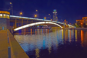 Fototapeta premium Krasnokholmskiy bridge across Moscow river built in 1938 by the project of engineer V. M. Agurcia and architect V. D. Kokorin. Russia, Moscow, June 2019.