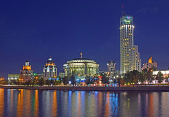 Fototapeta premium Moscow Theatre of music was built on the banks of the Moscow river in 2002. Architects Yuri Gnedovsky, Victor Krasilnikov. Russia, Moscow, June 2019