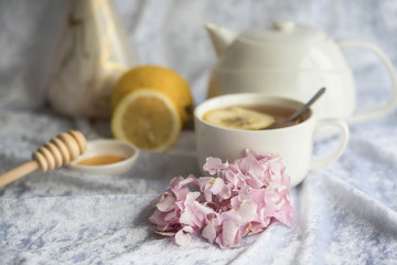 Obraz na płótnie Canvas Cup of tea and teapot with lemons and honey on a white background, pink hortensia and a cup of tea, close up
