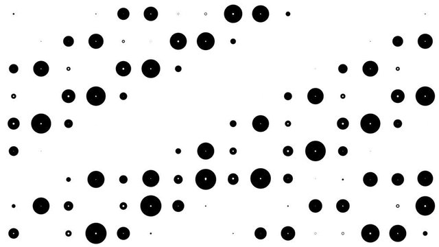 Halftone texture. Gradient effect with circle dots. Inclined parallel movement of halftones. Abstract black white motion background. Seamless looping animation.