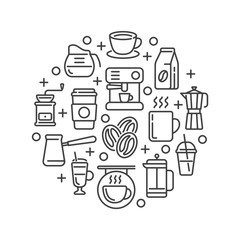 Line design with coffee elements isolated on white background. Vector illustration.