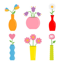 Flower in vase. Cute colorful icon set. Ceramic Pottery Glass decoration template. White background. Isolated. Flat design.