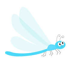 Dragonfly icon. Cute cartoon kawaii funny character. Blue dragon fly Insect. Big eyes. Smiling face, horns. Baby kids clip art. White background. Isolated. Flat design.