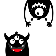 Funny monster set. Face head black silhouette. Eyes teeth fang tongue hands. Hanging upside down. Cute cartoon kawaii character. Baby collection. Happy Halloween. Flat design. White background