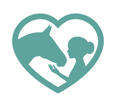 Vector silhouette of heart inside girl stroking horse. Isolated on white background
