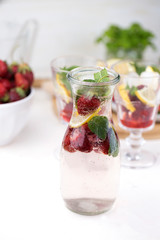 A glass of detox water. Strawberry, lemon and mint with cool clean water.