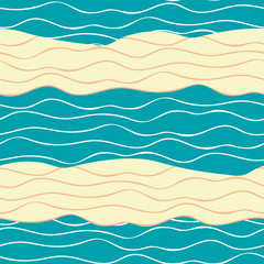 Vibrant abstract sandy beach and white doodle ocean waves. Seamless horizontal geometric vector pattern on blue background. Great for wellness, spa, bath, beauty products, packaging, stationery