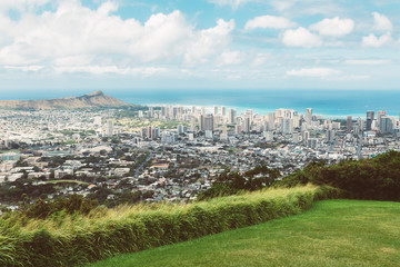 View of Honolulu city, Waikiki and Diamond Head from Tantalus lookout, Oahu, Hawaii
