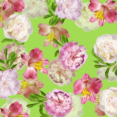 Beautiful floral background of alstroemeria and peonies. Isolated