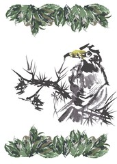 black crow on a branch in the foliage on a white background
