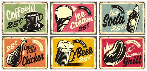 Eten en drinken vintage restaurant borden collectie. Set van retro advertenties voor koffie, bier, ijs, sodawater, grill en gebakken kip. Vector illustratie.