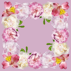 Obraz premium Beautiful floral pattern of alstroemeria and peonies. Isolated 