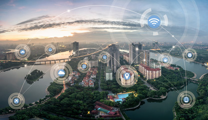 Smart city and wireless communication network concept. Digital network connection lines of Hanoi city, Vietnam at Linh Dam peninsula, Hoang Mai district
