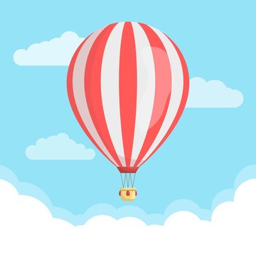 Hot air balloon with clouds in the blue sky. Travel concept template design.