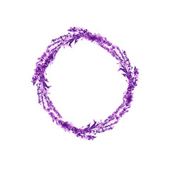 Lavender flower wreath watercolor illustration. Wildflowers circle frame. Wedding invitations and Valentines Day postcards floral design. Love and marriage symbol. Lavender wreath isolated raster