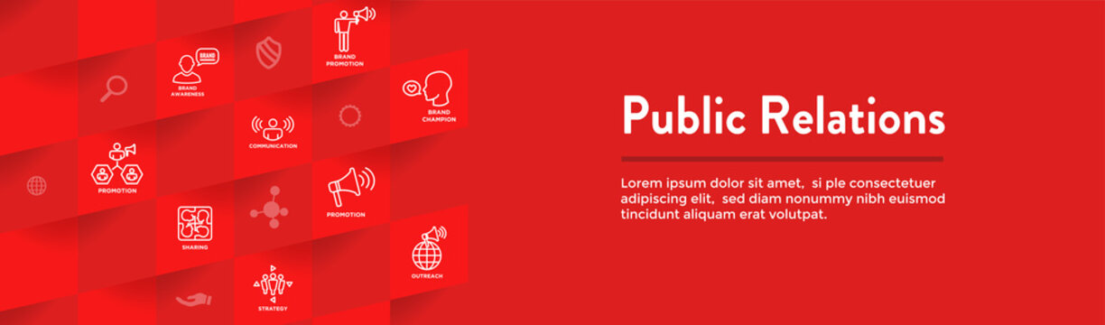 Public Relations Web Header Banner And Icon Set With Brand Awareness, Strategy, And Promotion