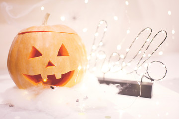 Halloween Pumpkin and Decor. Photo Toned Style Instagram Filters 