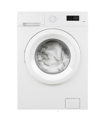 Clothes in washing machine on isolated white background