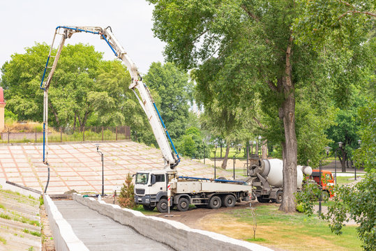 Truck mounted concrete pump on a construction site