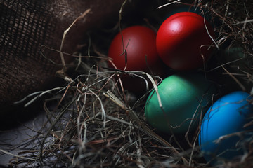 Easter painted eggs on burlap