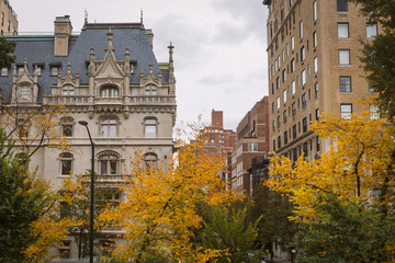 Manhattan building view from Central park in fall season