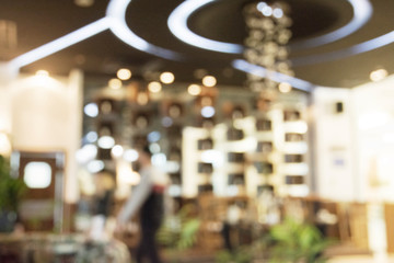 Shopping mall blur background with blurry interior view retail shop fashion window display store front and counter selling luxury merchandise products inside lobby hallway