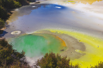 Fototapeta na wymiar Wai-O-Tapu thermal volcanic park with colorful lakes in Rotorua, New Zealand