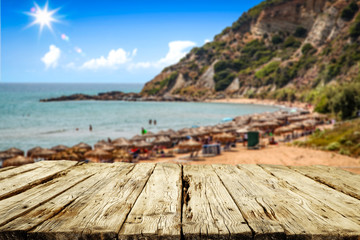 Fototapeta premium Summer desk of free space and beach landscape with sea 