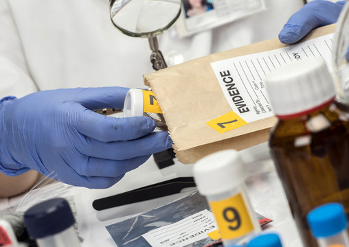 Police Specialized Taking Sample Of Hair Of A Bag Of Evidence In Forensic Laboratory, Conceptual Image