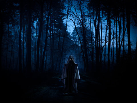 Ghost in a dark forest - spooky, horror or ufo concept